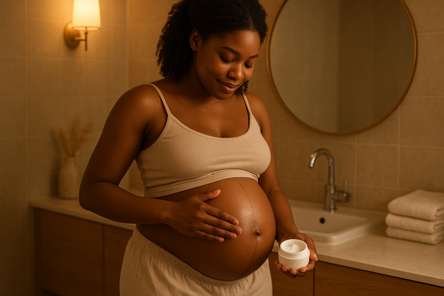FEMME NOIRE ENCEINTE QUI APPLIE QUE LA CREME SUR SON VENTRE DANS SA SALLE DE BAIN