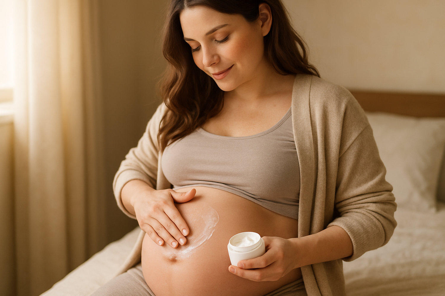 FEMME ENCEINTE QUI APPLIQUE DE LA CREME SUR SON VENTRE